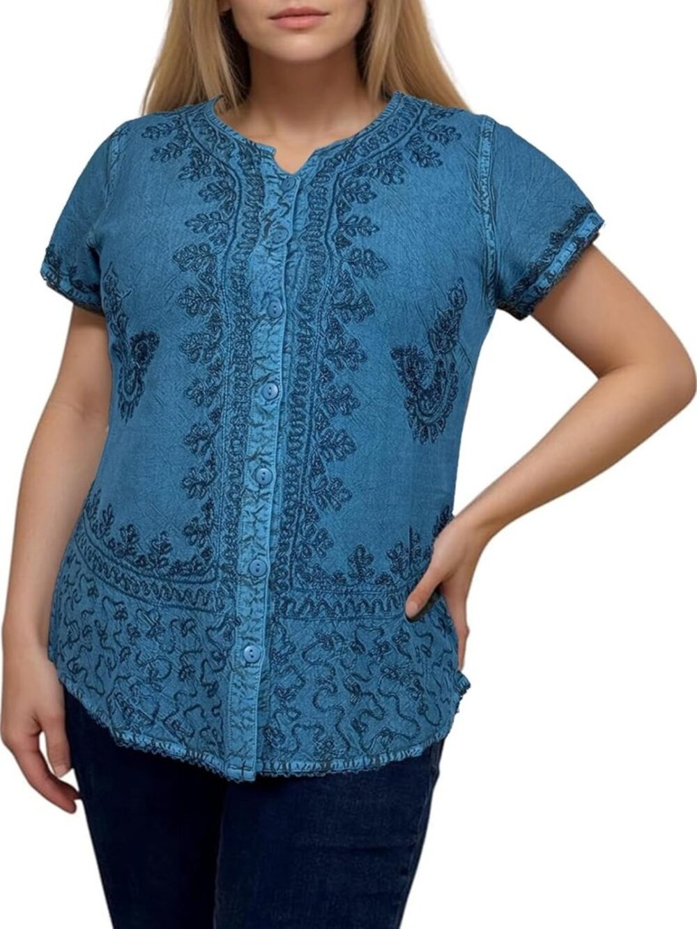Boho Embroidered Cap Sleeve Blouse - Sweetheart Neck Top for Women